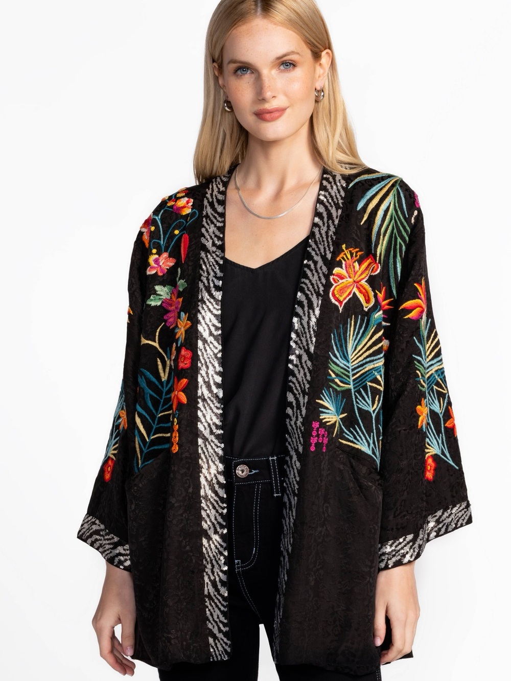 Johnny Was Black Open-Front Embroidered Kimono with Multicolor Floral